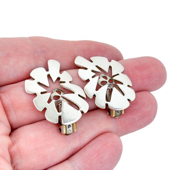 Vintage Mexico Sterling Silver 925 Floral Cutout Clip-On Earrings - Picture 1 of 5